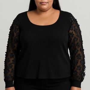 No Boundaries Black Blouse with Sheer Floral Sleeves